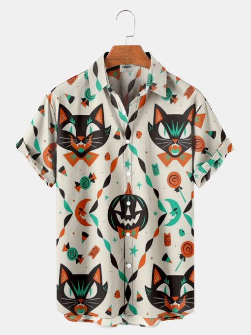 Halloween Ghosts Cats Print Shirt