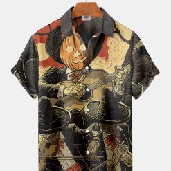 Halloween Pumpkin And Skull Band Print Shirt