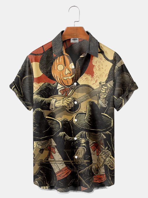 Halloween Pumpkin And Skull Band Print Shirt