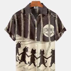 Halloween Tree And Black Cat Print Shirt