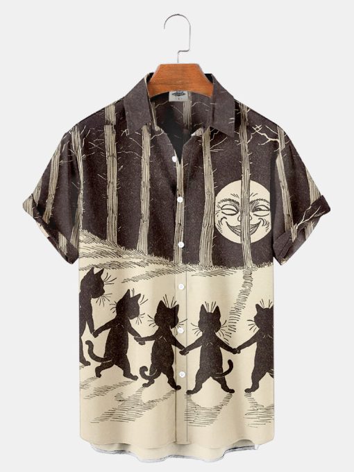 Halloween Tree And Black Cat Print Shirt