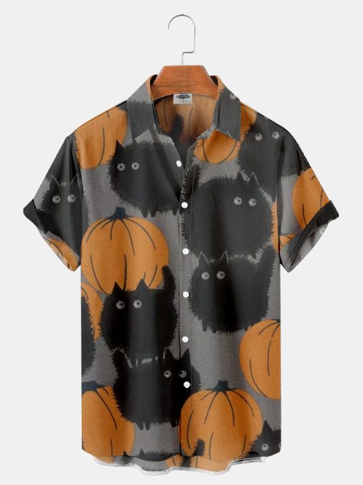 Pumpkin And Cat Halloween Print Shirt