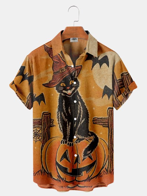 Vintage Halloween Cat Print Shirt