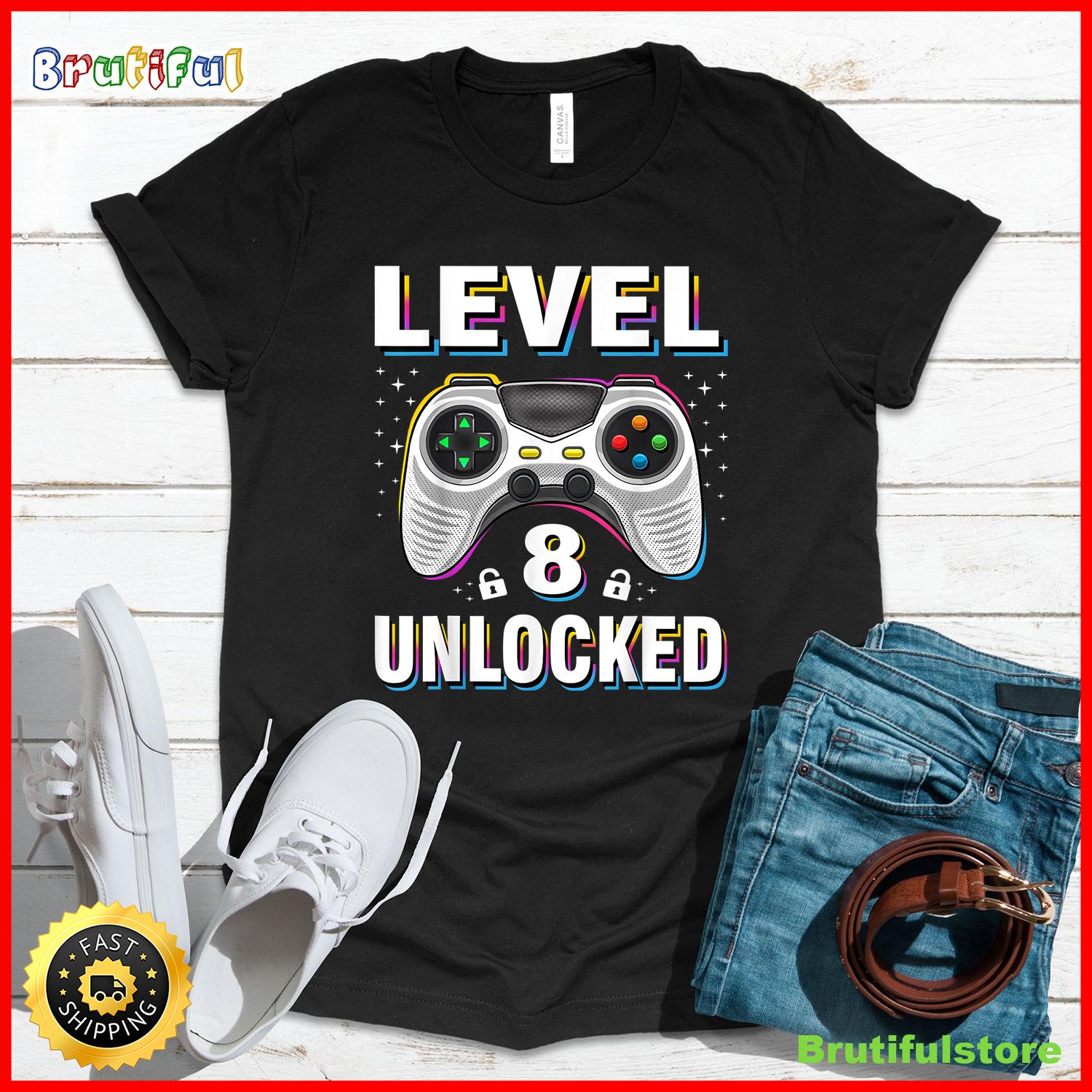 8th Birthday Boy Level 8 Unlocked Video Gamer 8 Years Old T Shirt