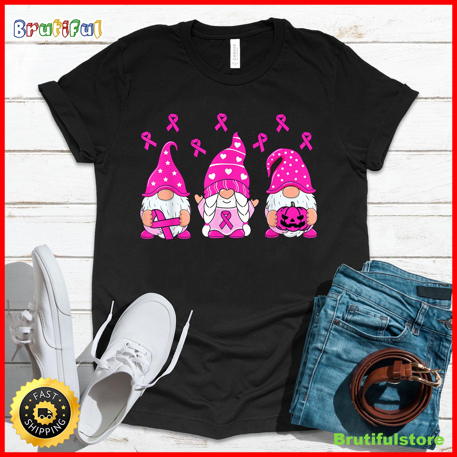 Breast Cancer Awareness Gnome Pumpkin Pink Ribbon Women Kids T Shirt