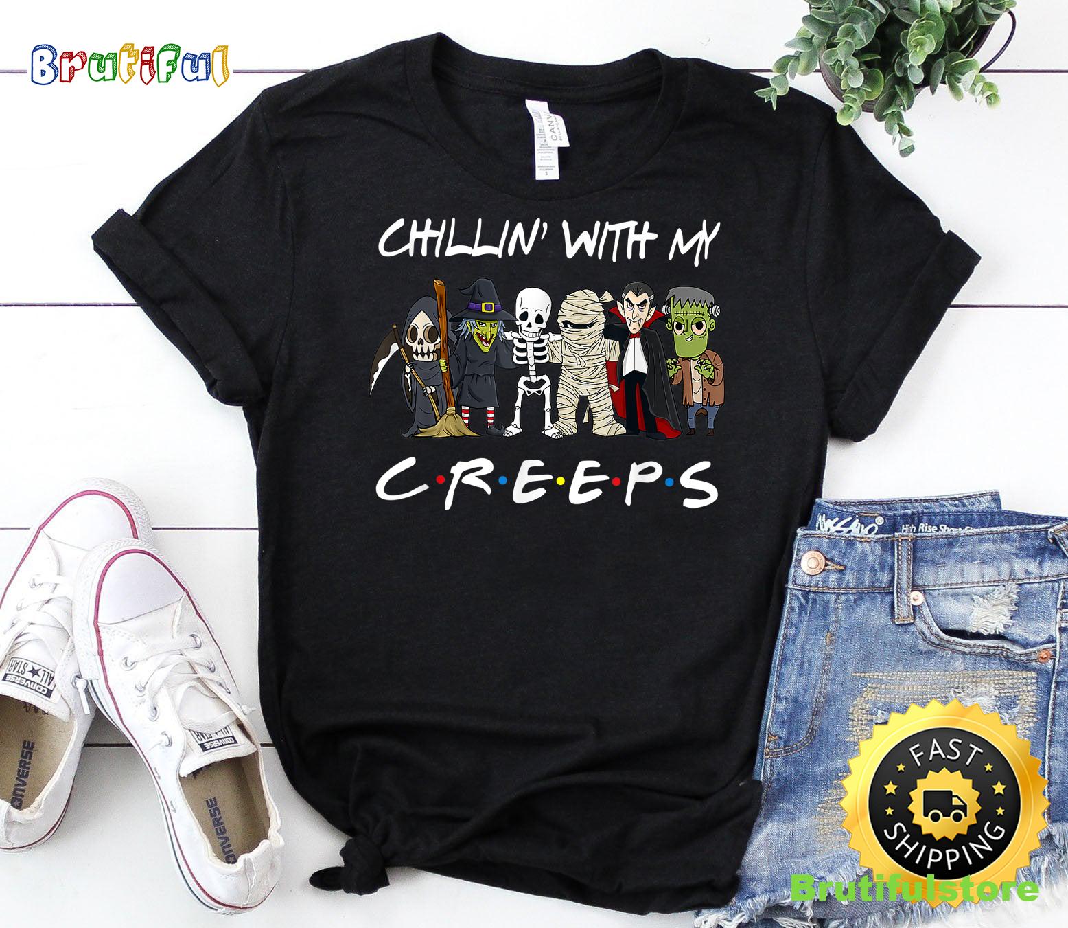 Gnomes Chillin With My Creeps Halloween Boys Kids Orange T Shirt