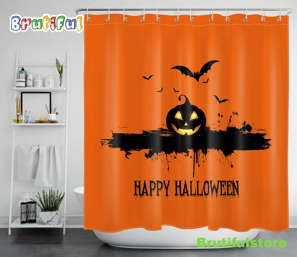 Halloween Abstract Pumpkin Bats Orange Black Waterproof Shower Curtain