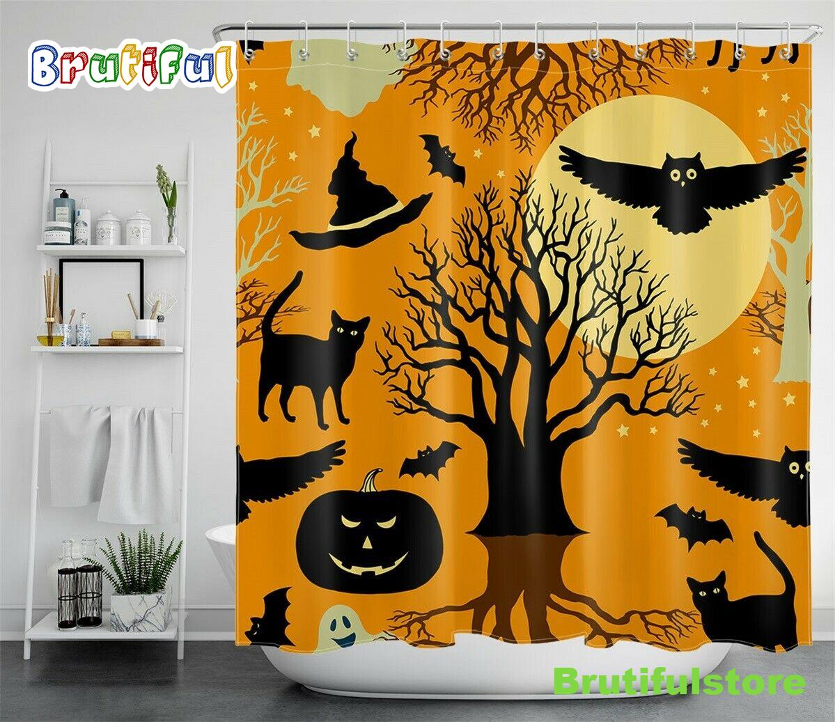 Halloween Abstract Pumpkin Black Cat Owl Waterproof Polyester Shower Curtain