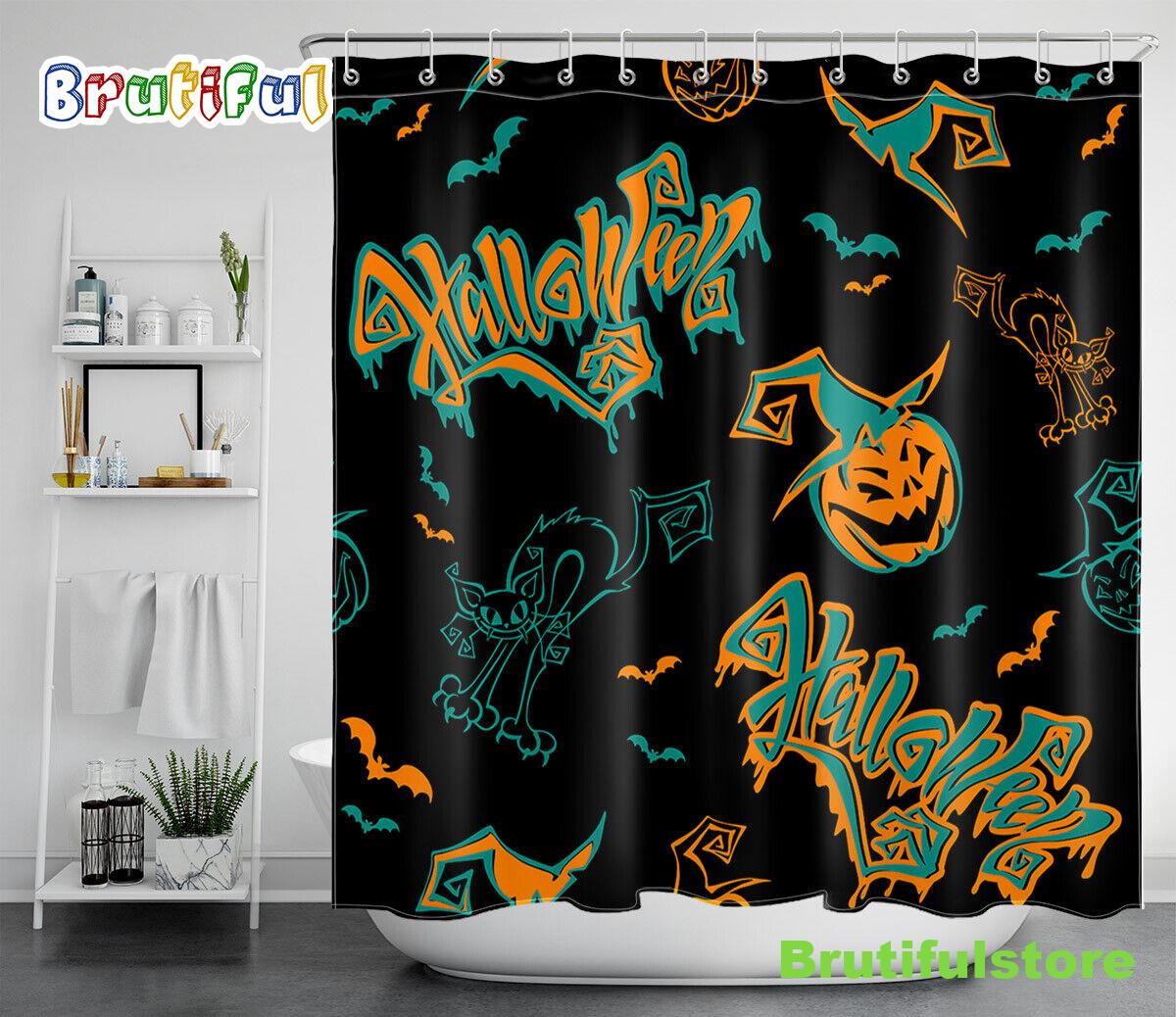 Halloween Abstract Pumpkins Black Cat Bats Waterproof Fabric Shower Curtain
