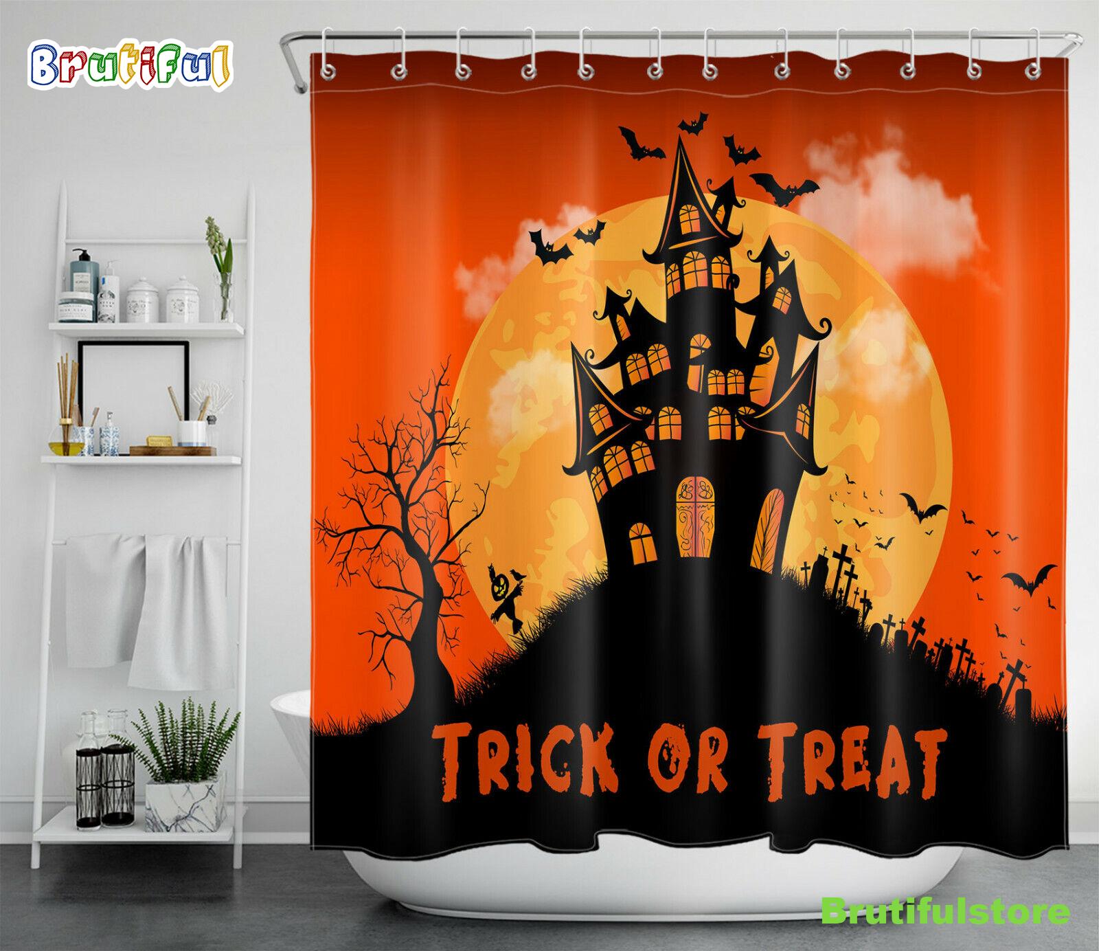 Halloween Full Moon Castle Mountain Black Cat Shower Curtain