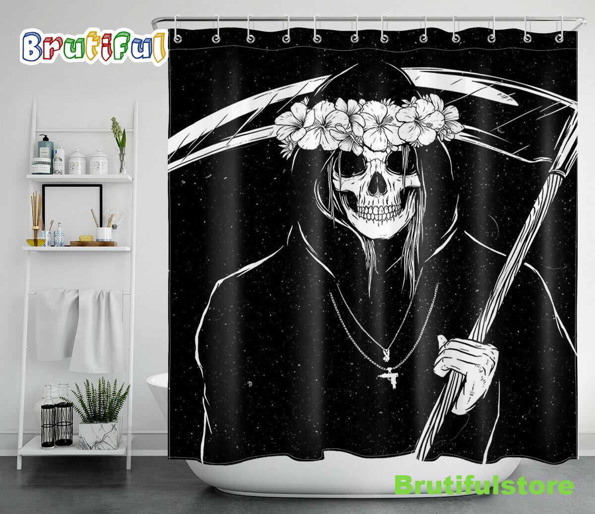 Halloween Grim Reaper Flowers Black White Waterproof Fabric Shower Curtain