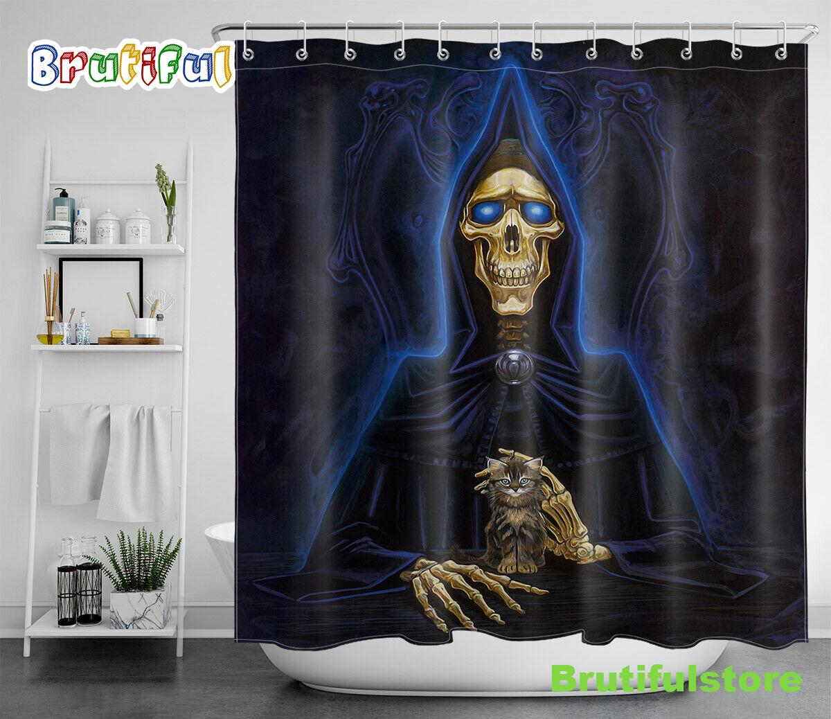 Halloween Grim Reaper Skeleton Cute Cat Waterproof Fabric Shower Curtain