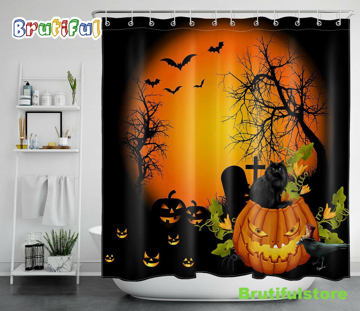Halloween Horror Night Pumpkin Black Orange Waterproof Fabric Shower Curtain