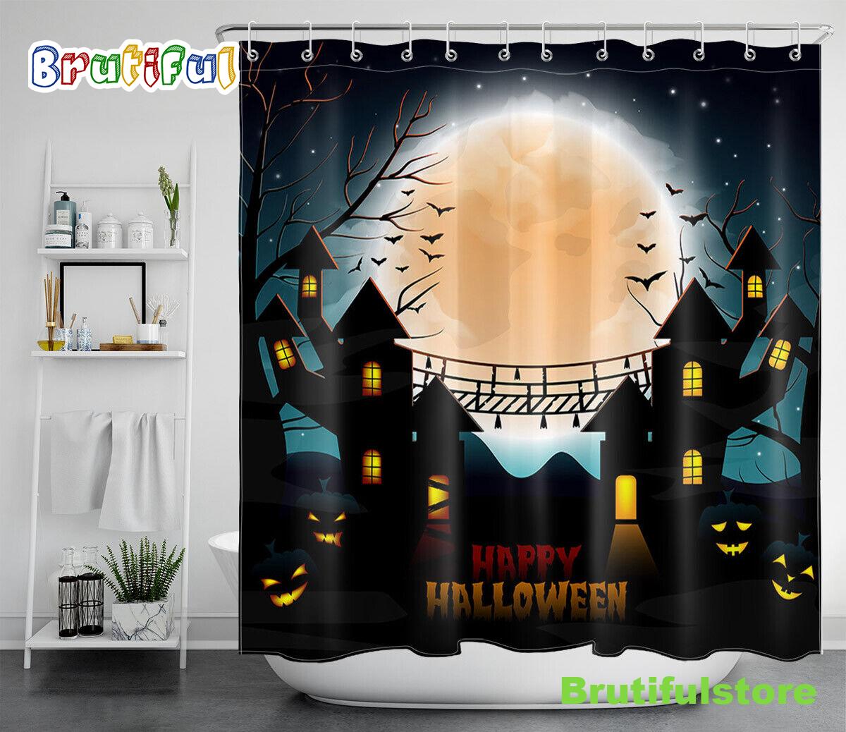Halloween Moon Night Pumpkin Castle Cartoon Waterproof Fabric Shower Curtain