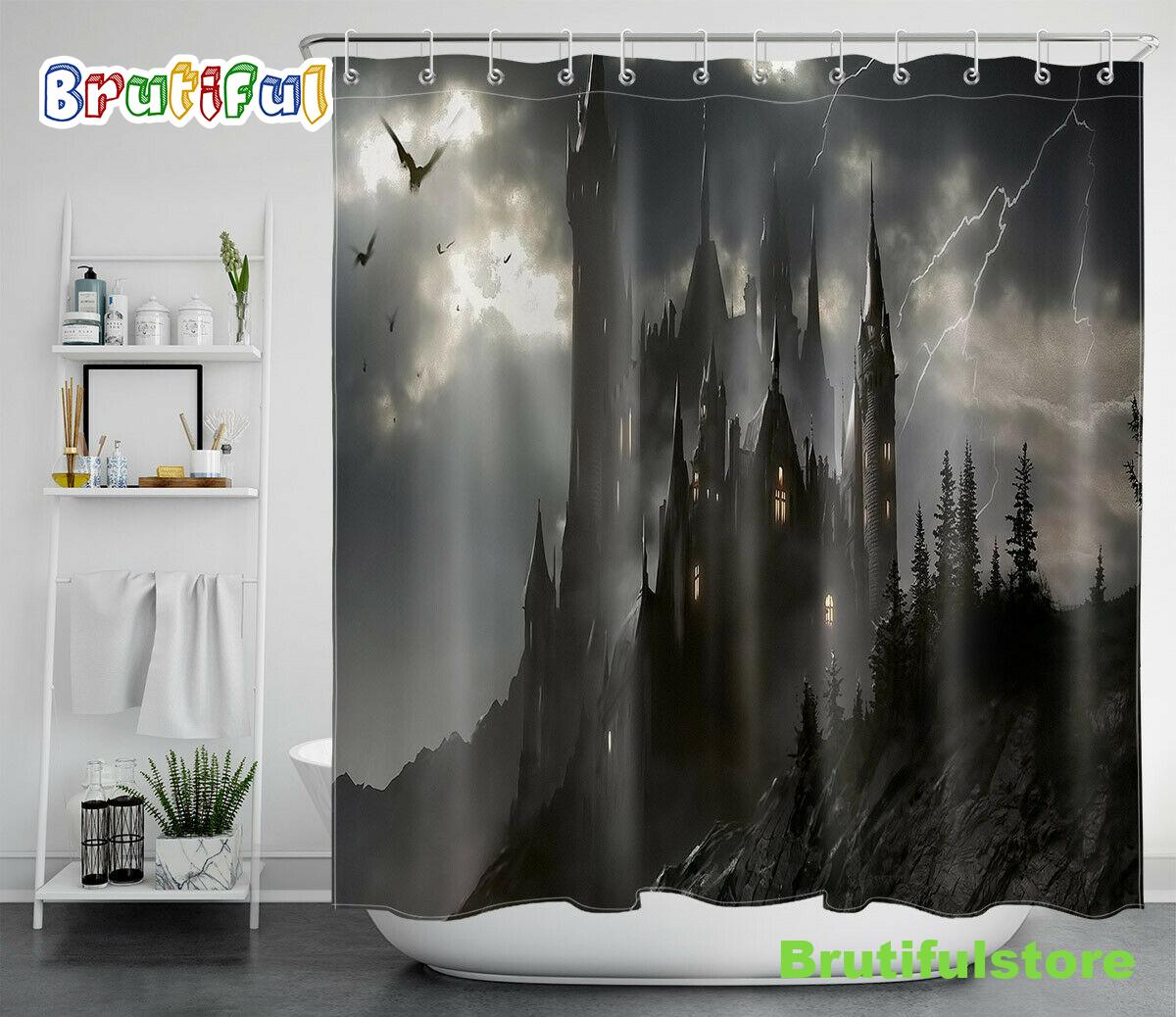 Halloween Night Ancient Castle Lightnings Waterproof Fabric Shower Curtain