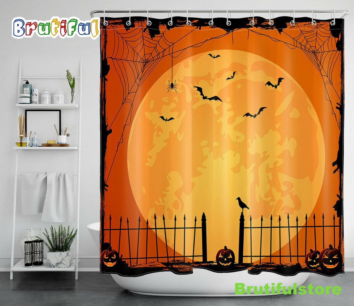 Halloween Night Orange Moon Pumpkins Bats Waterproof Fabric Shower Curtain