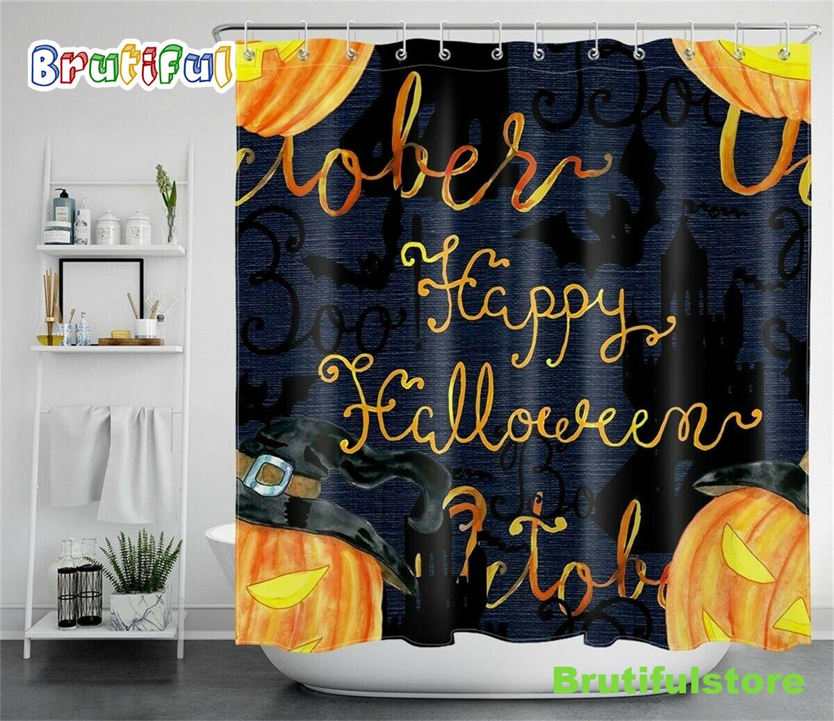 Halloween Night Pumpkins Bats Black Gold Waterproof Fabric Shower Curtain