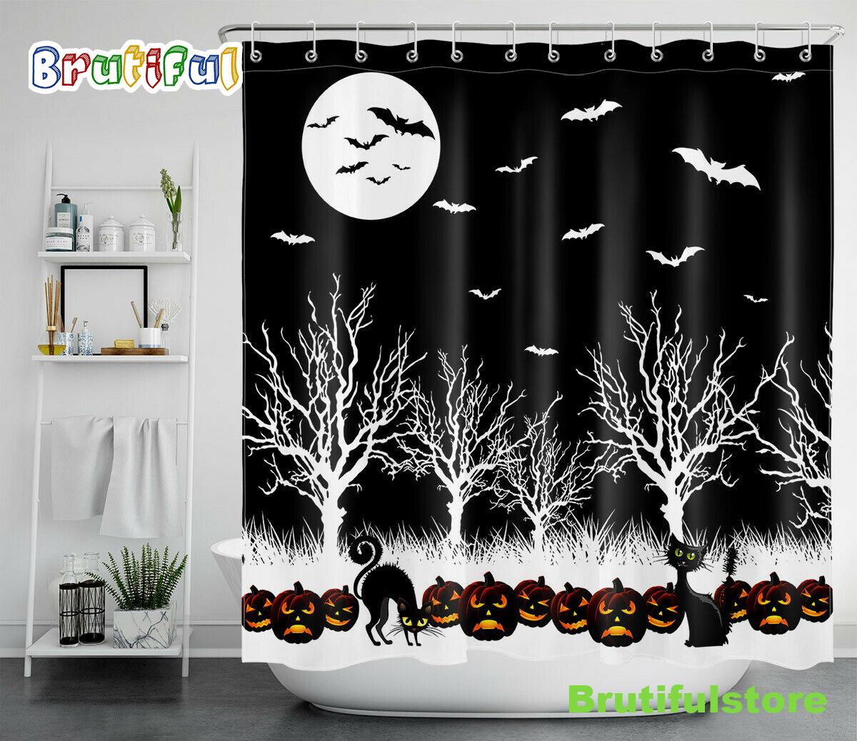 Halloween Night Pumpkins Trees Black White Waterproof Fabric Shower Curtain