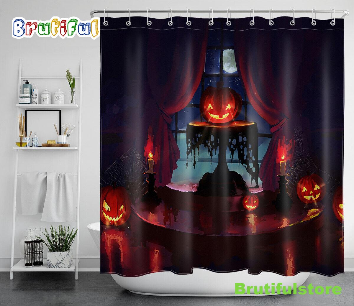 Halloween Night Witch Castle Pumpkin Candle Waterproof Fabric Shower Curtain