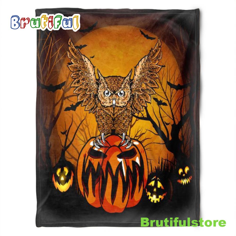 Halloween Owl Pumpkin Lantern Sherpa Blanket Halloween Adult Blanket Halloween Gift Halloween Decor