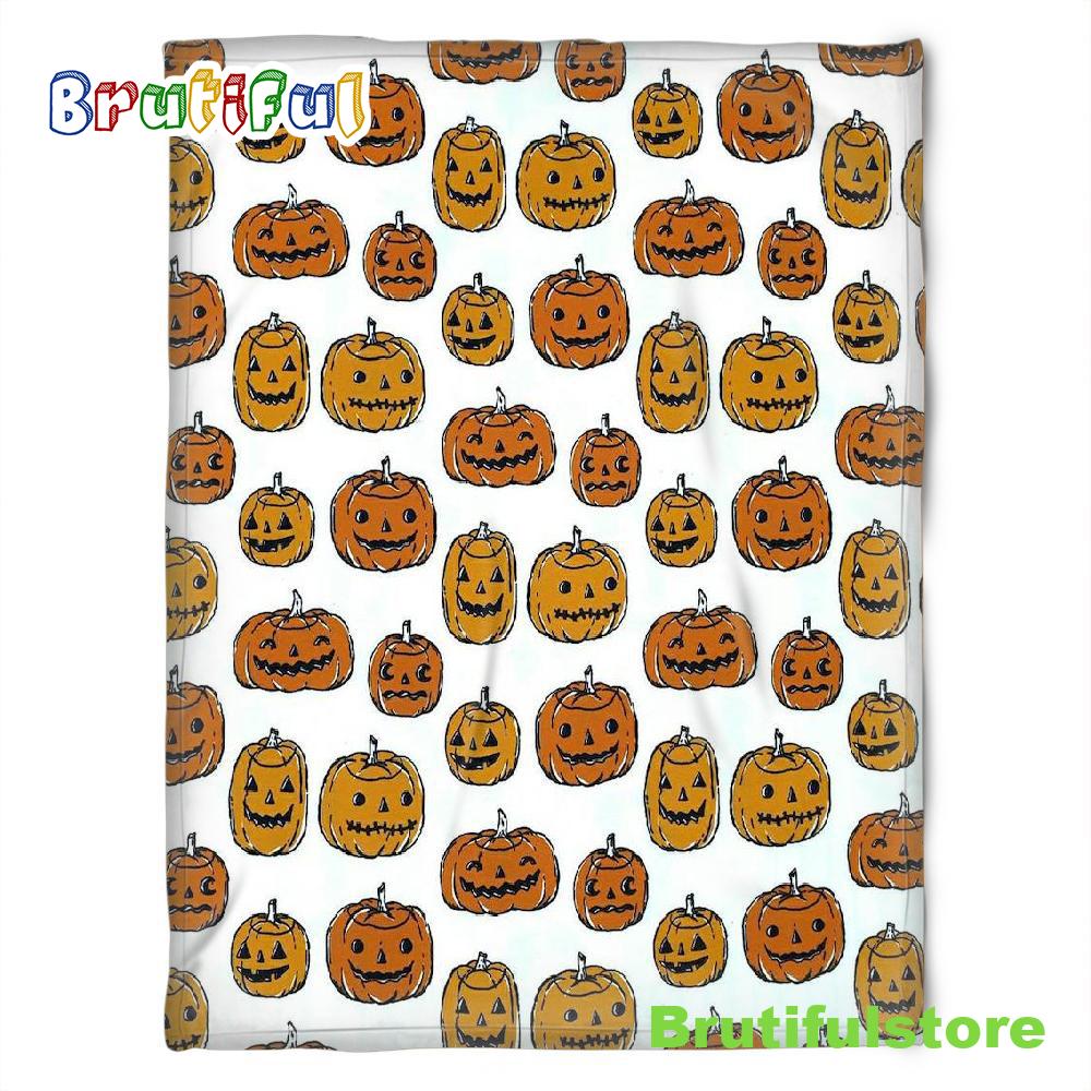 Halloween Pumkins Orange White Sherpa Blanket Halloween Adult Blanket Halloween Gift Halloween Decor