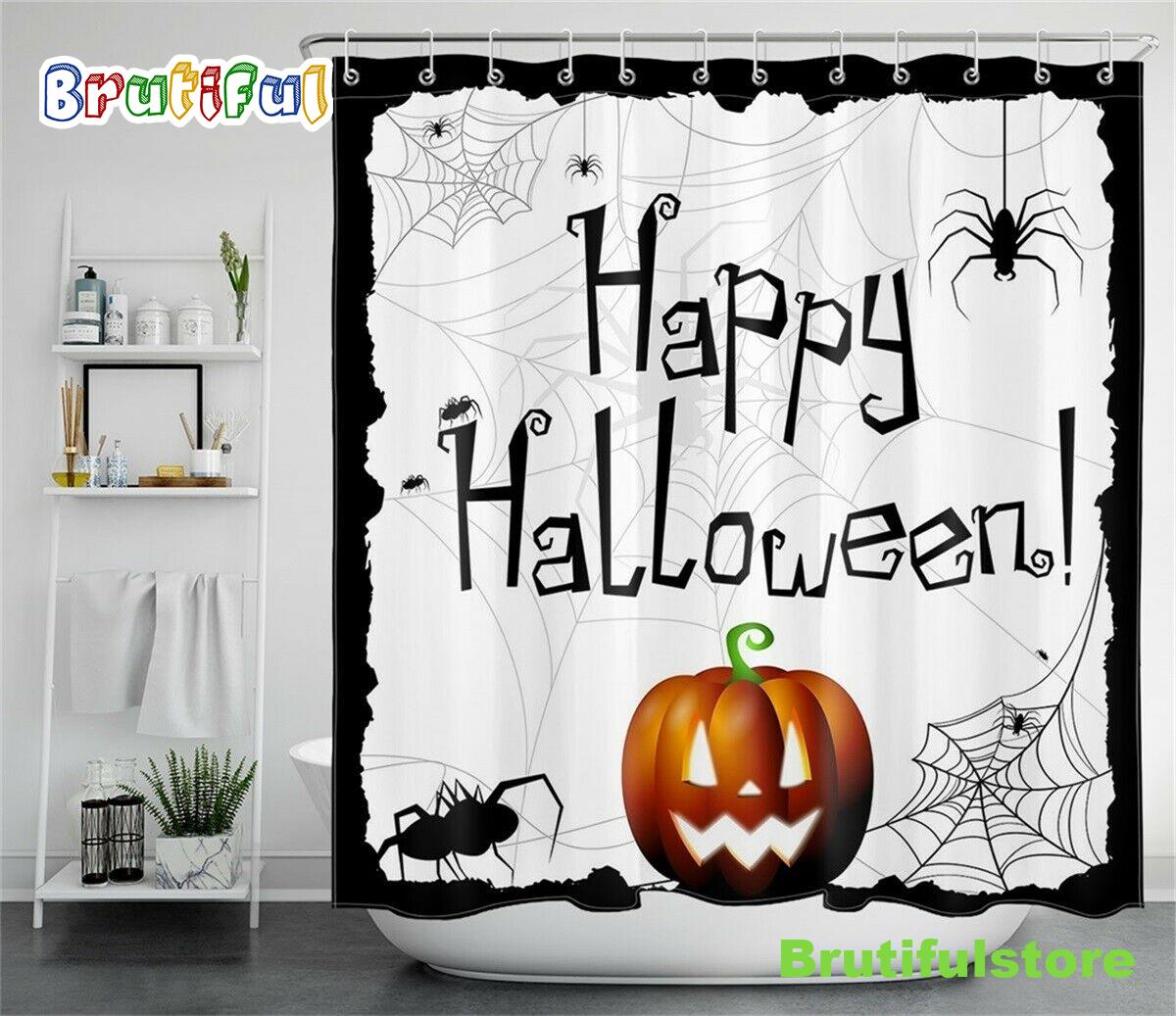 Halloween Pumpkin Spider Cobweb Black White Waterproof Fabric Shower Curtain