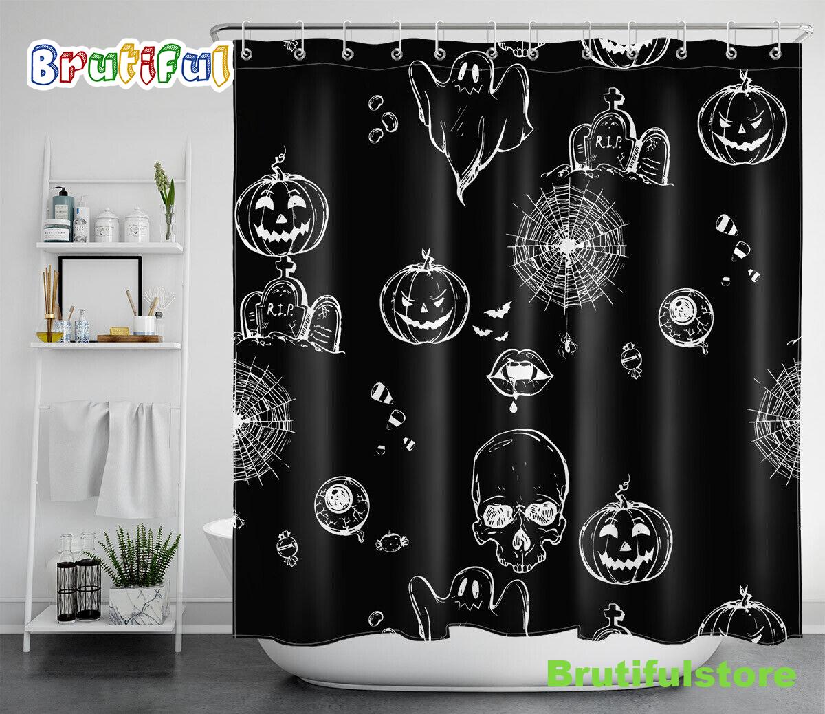 Halloween Pumpkin Spooky Skulls Black White Waterproof Fabric Shower Curtain