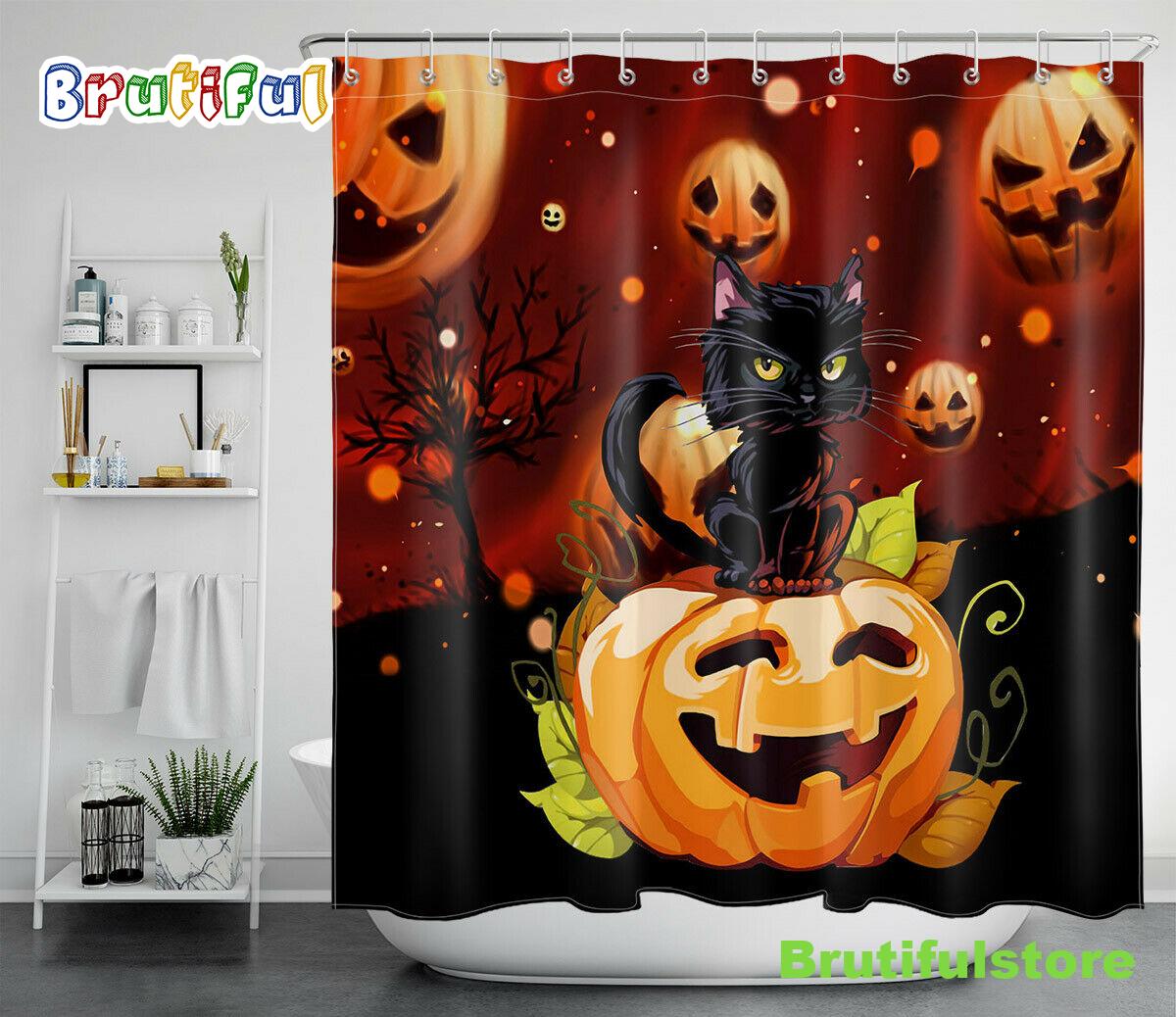 Halloween Pumpkin Watercolor Cute Black Cat Waterproof Fabric Shower Curtain