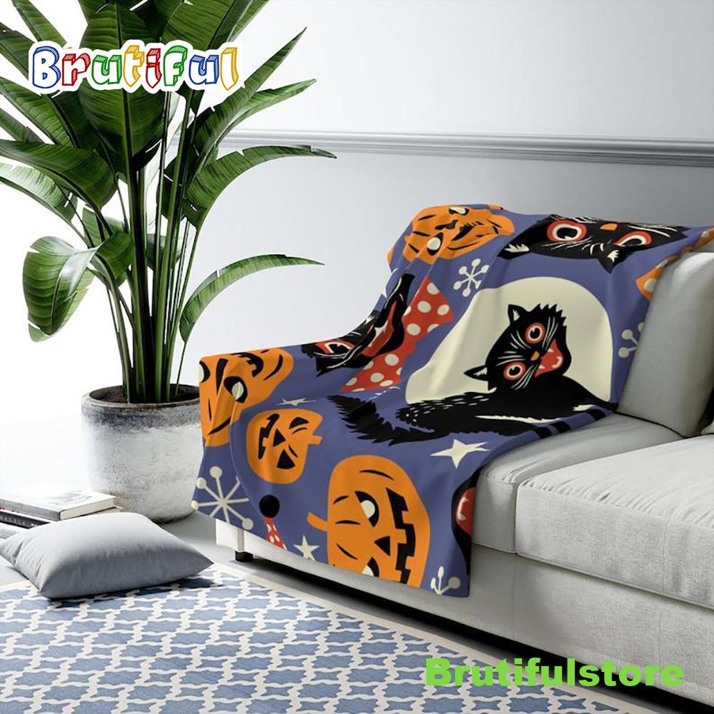 Halloween Scary Cat And Pumkins Sherpa Blanket Halloween Adult Blanket Halloween Gift Halloween Decor