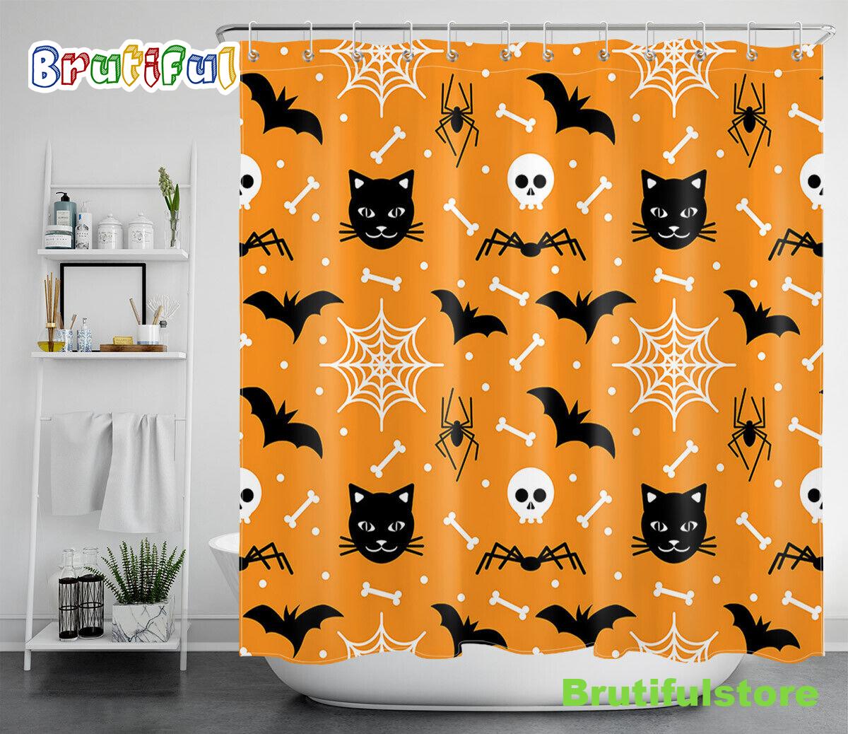 Halloween Skulls Black Cat Spiders Graffiti Waterproof Fabric Shower Curtain