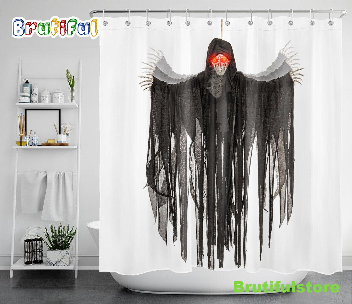 Halloween Spooky Skull Ghost Black White Waterproof Fabric Shower Curtai