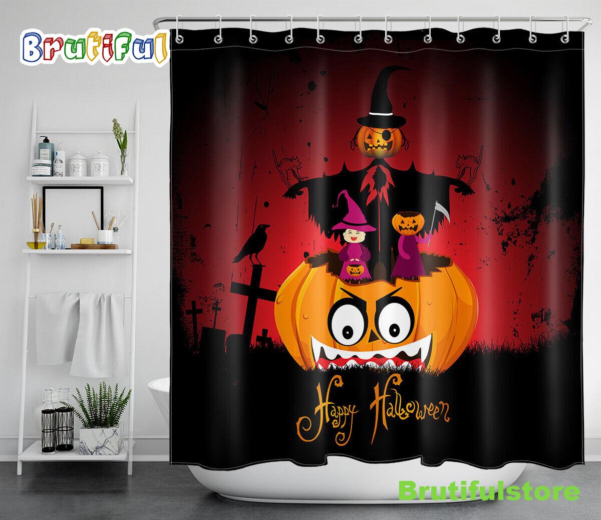 Halloween Trick or Treat Pumpkin Scarecrow Waterproof Fabric Shower Curtain