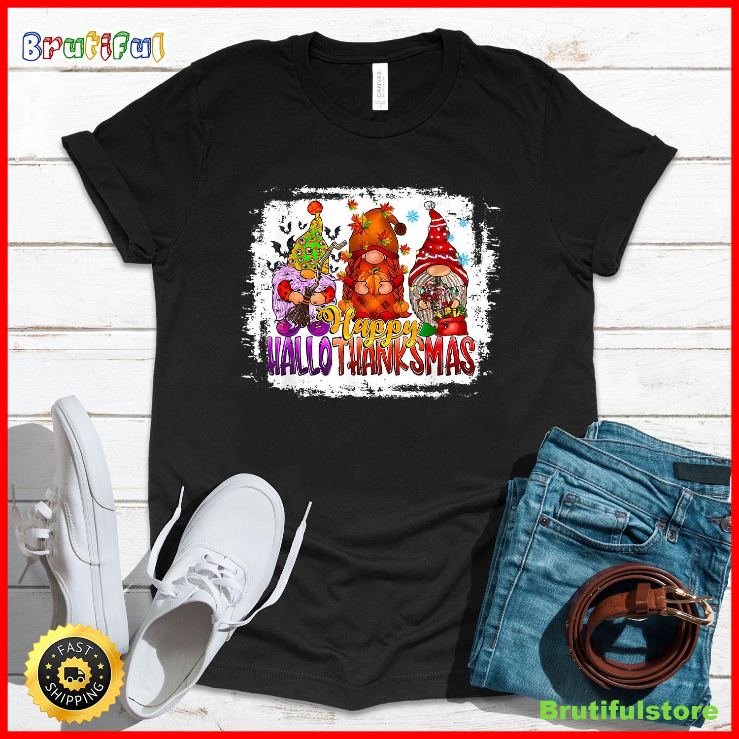 Happy HalloThankMas Gnome Halloween Christmas Thanksgiving T Shirt