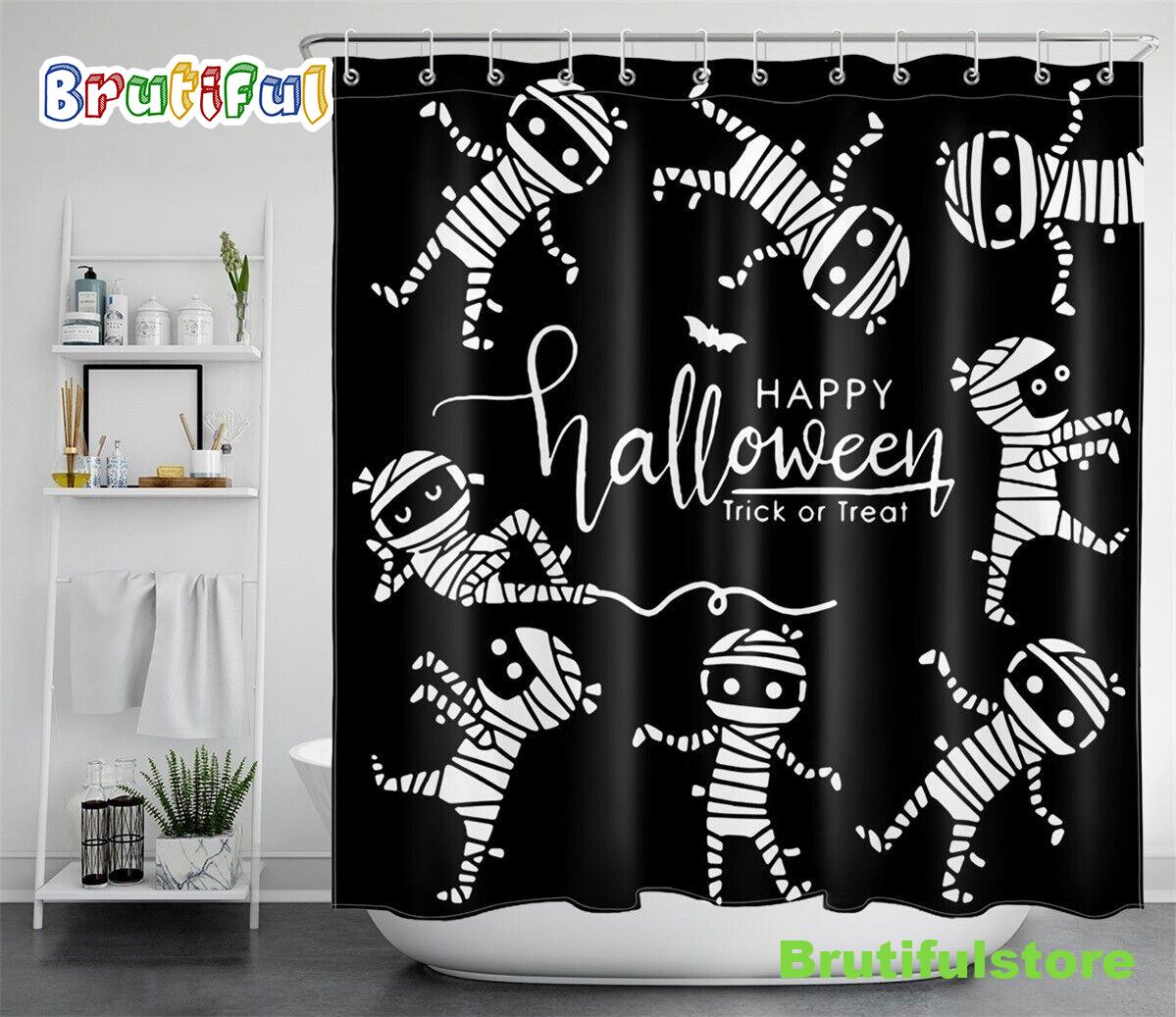 Happy Halloween Cartoon Zombie Black White Waterproof Fabric Shower Curtain