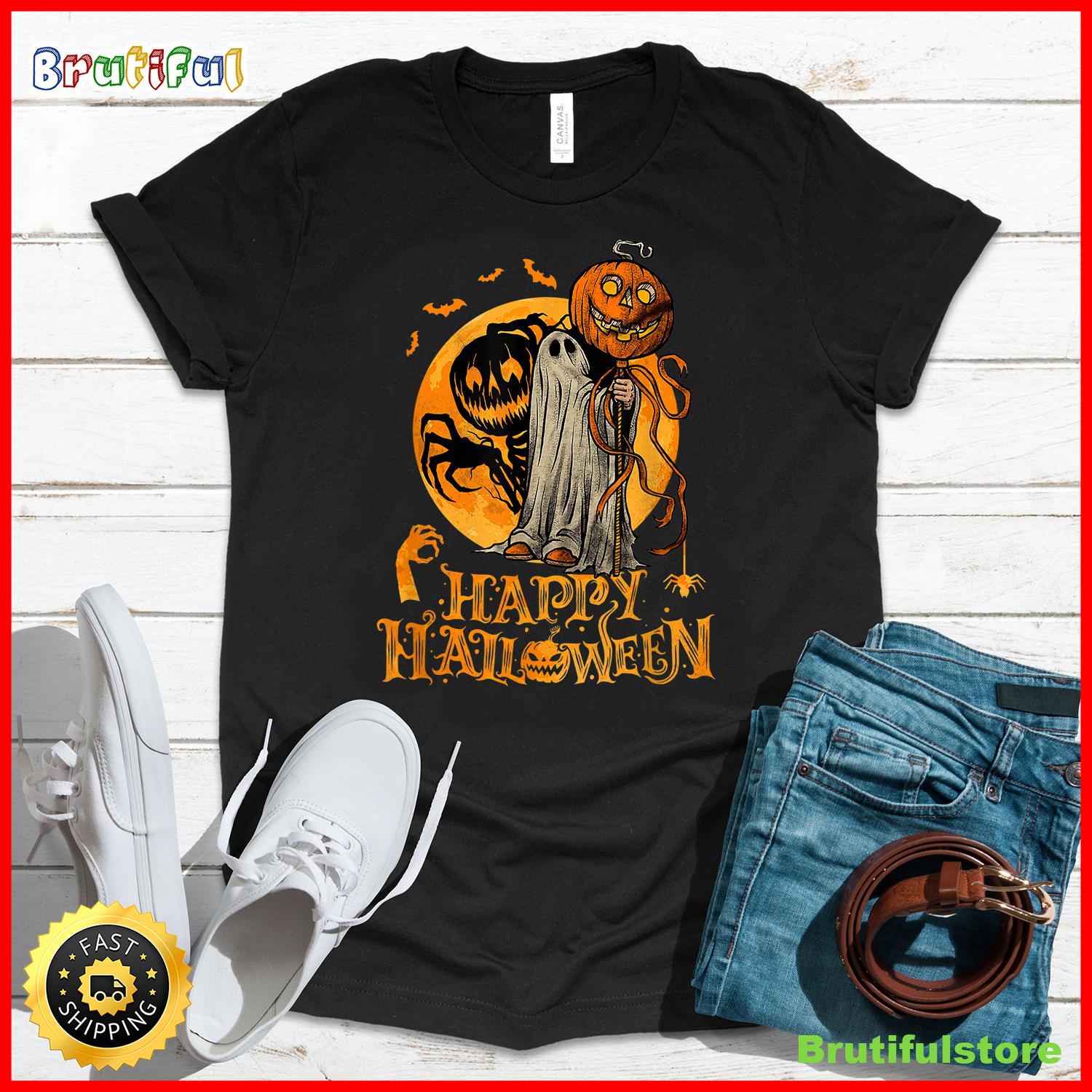 Happy Halloween Pumpkin Ghost Autumn Leaves Graphic Art T Shirt