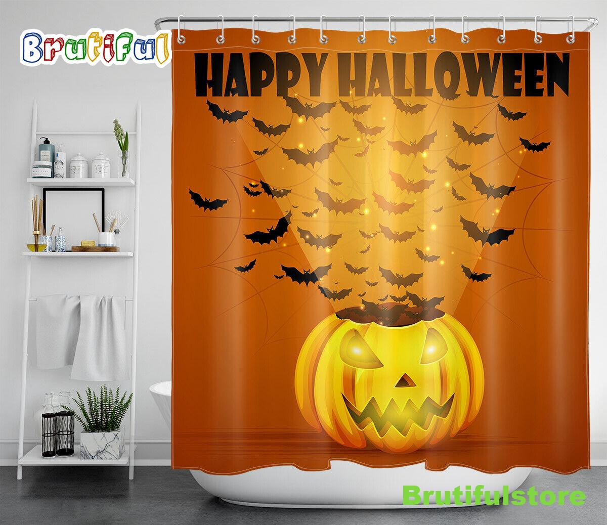 Happy Halloween Pumpkin Lantern Bats Flock Waterproof Fabric Shower Curtain