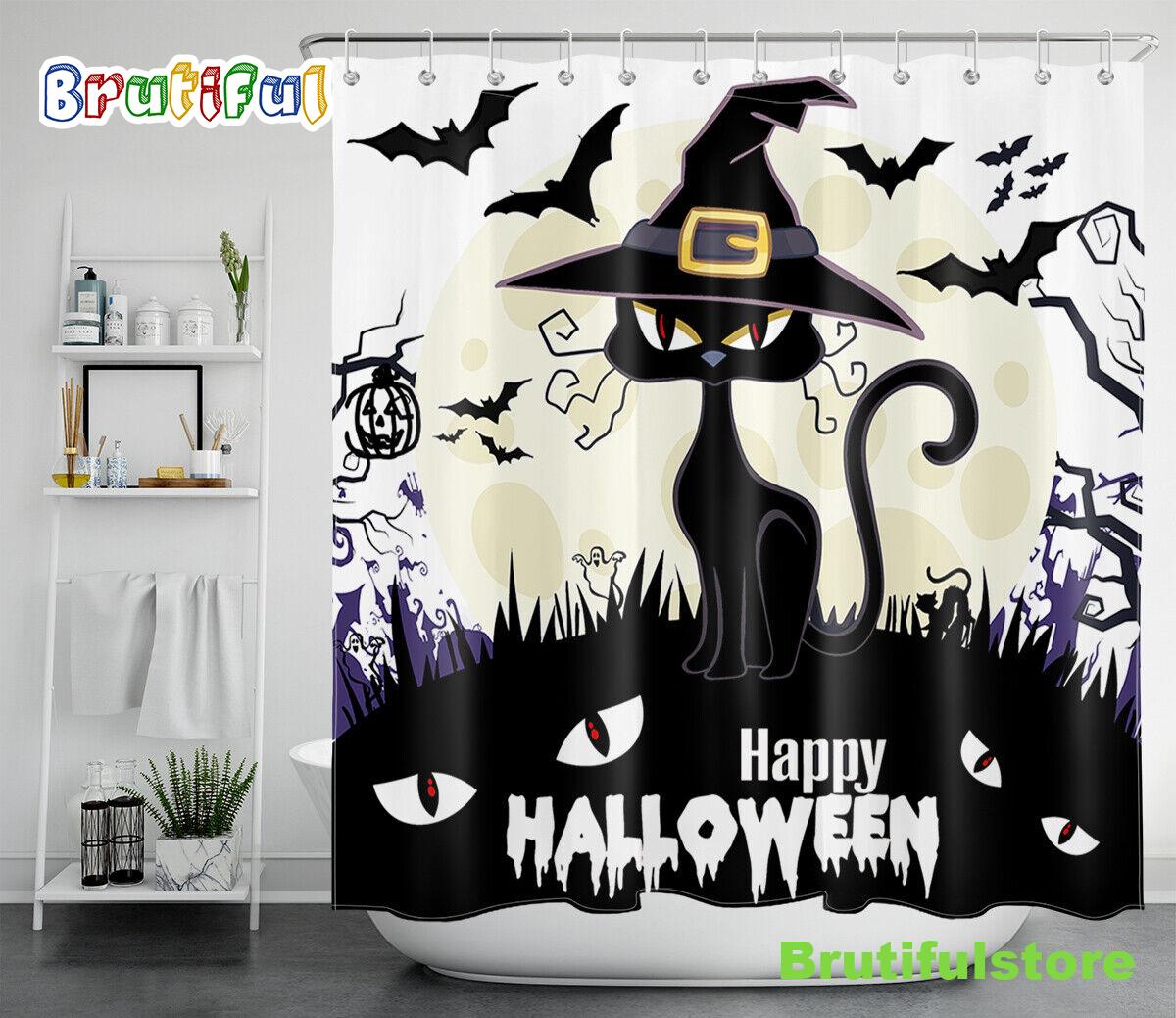 Happy Halloween Spooky Night Black Cat Bats Waterproof Fabric Shower Curtain