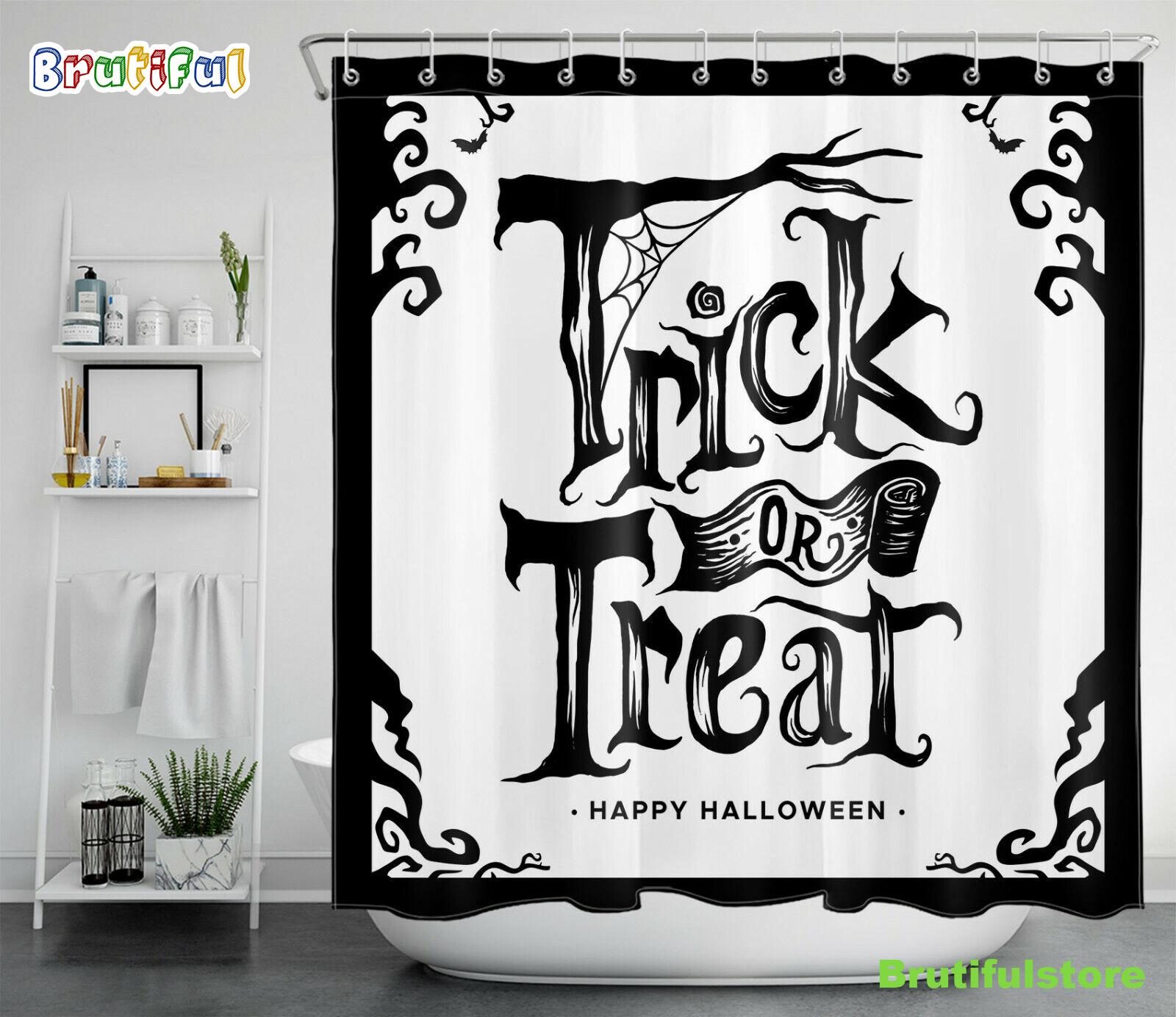 Happy Halloween Trick or Treat Bat Black White Shower Curtain