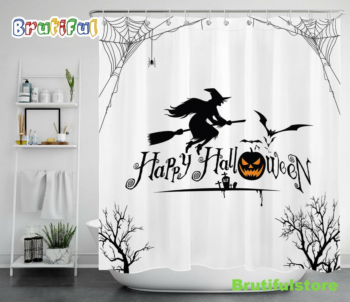 Happy Halloween Witch Pumpkins Black White Waterproof Fabric Shower Curtain