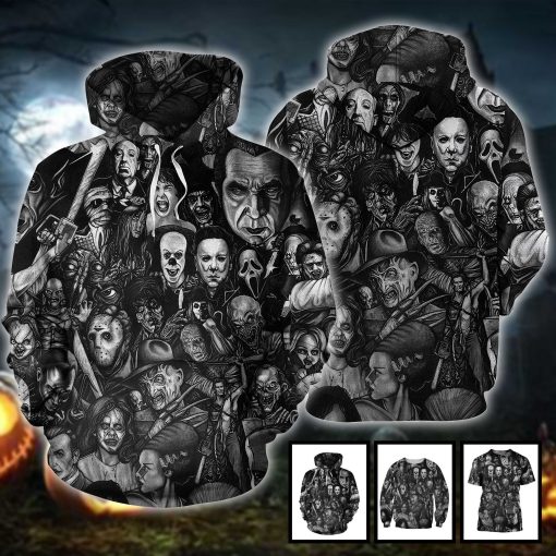 Horror Movies Characters Full Print Black White Sketch Halloween All Over Print 3D Shirt