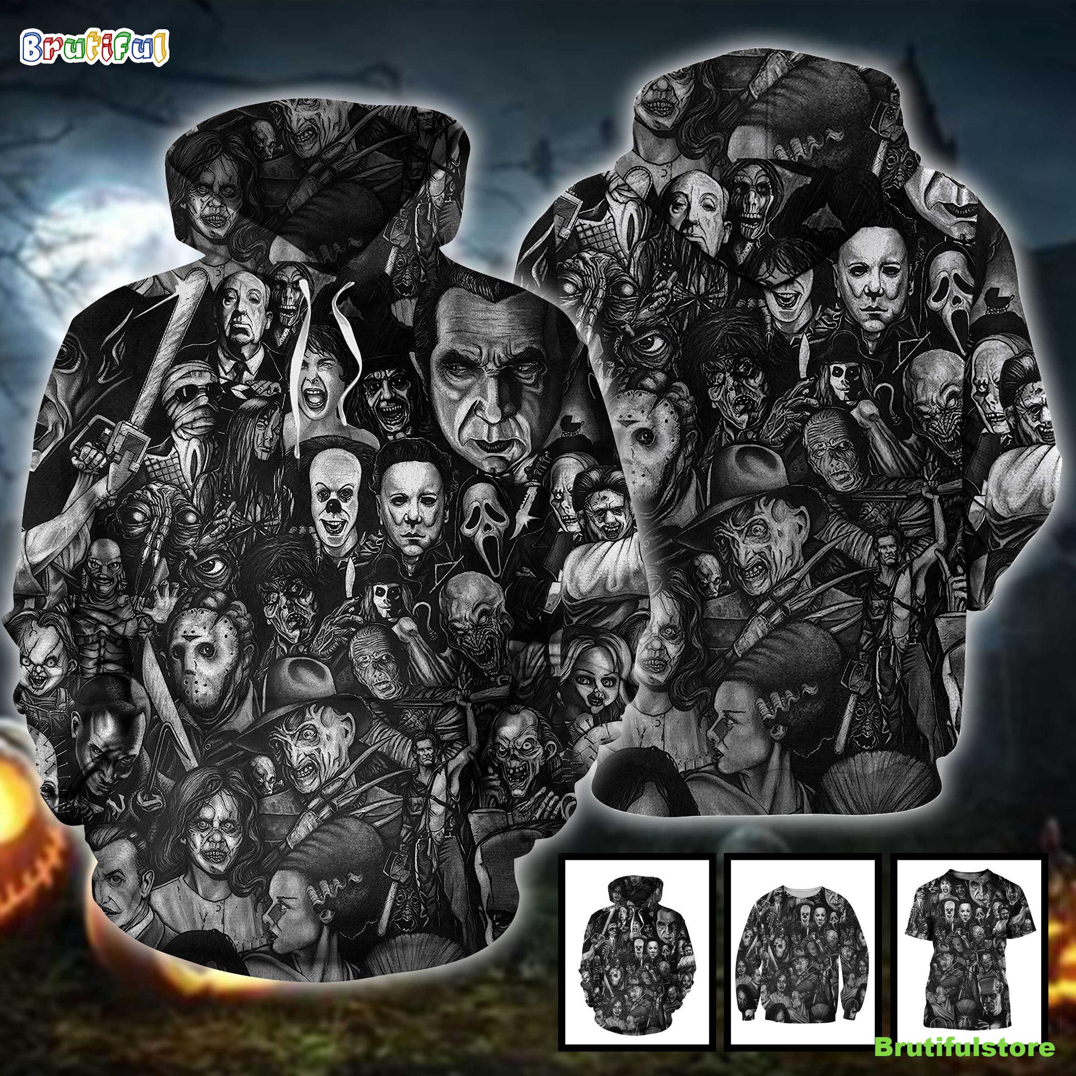 Horror Movies Characters Full Print Black & White Sketch Halloween All Over Print 3D Shirt