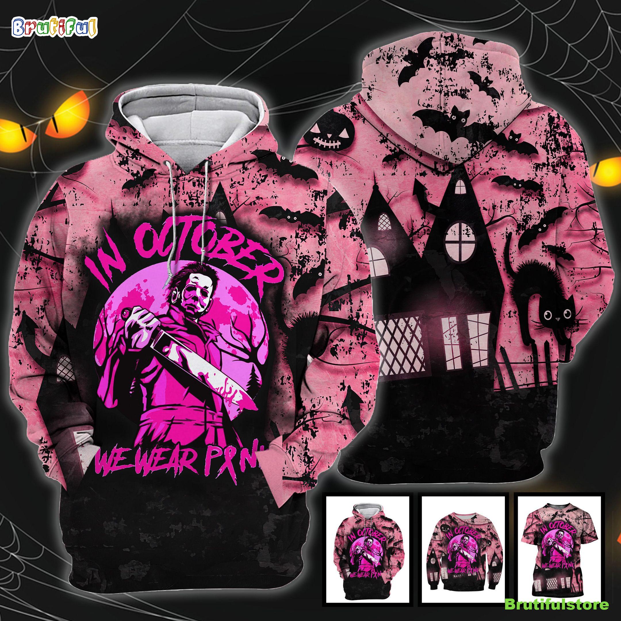 Michael Myers In October We Wear Pink Friday The 13th Horror Movie Halloween All Over Print 3D Shirt