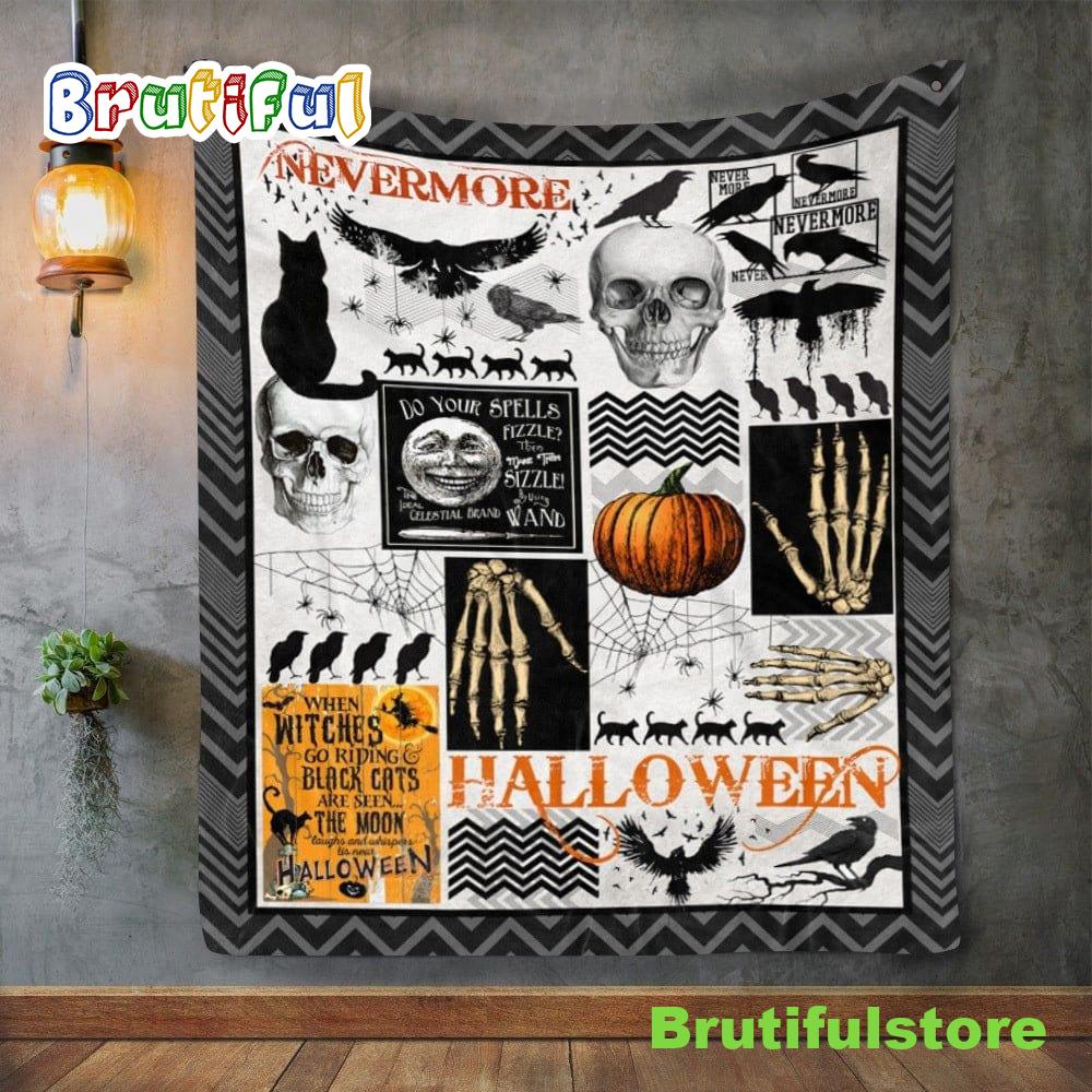 Nevermore Black Cats And Raven Halloween Fleece Blanket