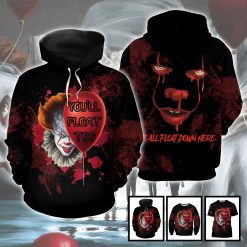 Pennywise IT We All Float Down Here Splatter Blood Pattern Horror Movie Halloween All Over Print 3D Shirt