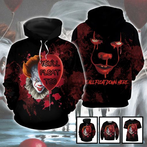 Pennywise IT We All Float Down Here Splatter Blood Pattern Horror Movie Halloween All Over Print 3D Shirt