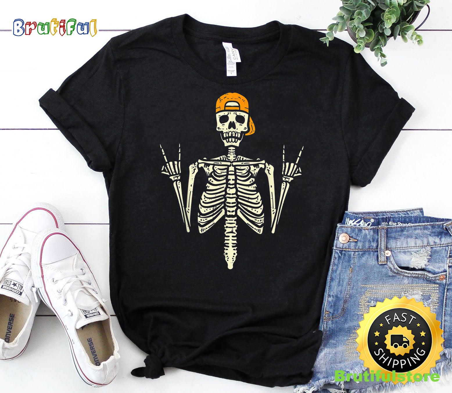 Rocker Skater Skeleton Cap Cool Halloween Punk Men Boys T Shirt