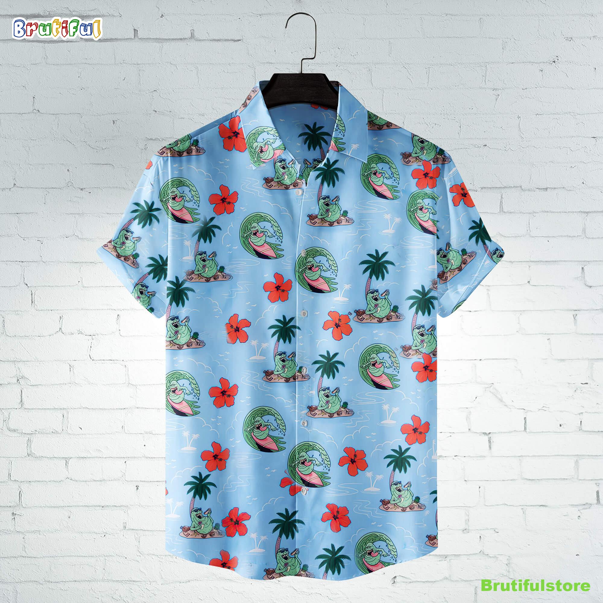 Slimer Ghostbusters On Summer Vacation Horror Movie Halloween All Over Print 3D Hawaiian Shirt
