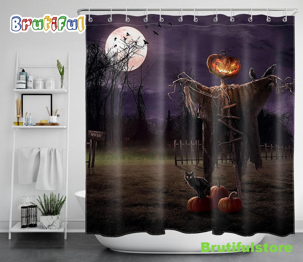Spooky Halloween Night Pumpkins Scarecrow Waterproof Fabric Shower Curtain
