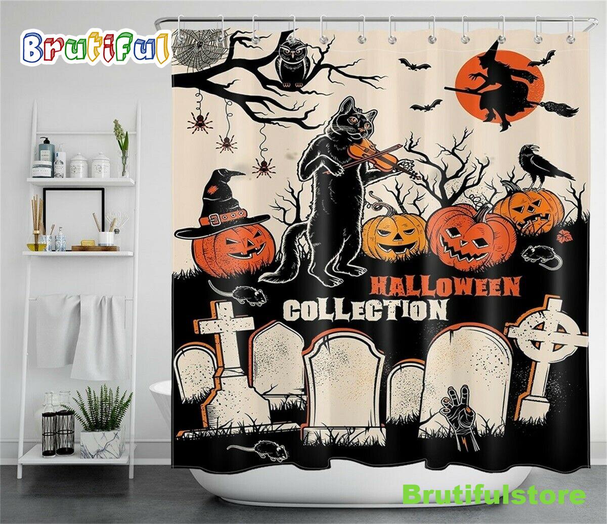 Spooky Halloween Pumpkin Graves Cat Cartoon Waterproof Fabric Shower Curtain