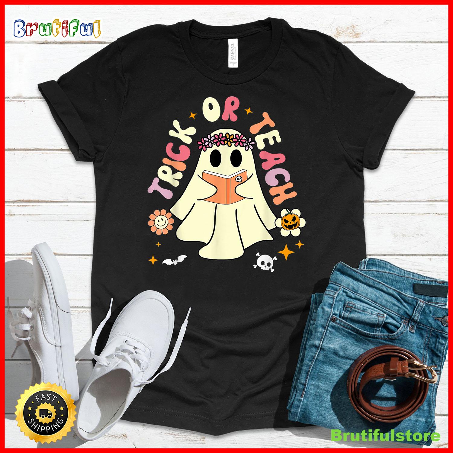 Trick or Teach Teacher Retro Vintage Groovy Ghost Halloween T Shirt